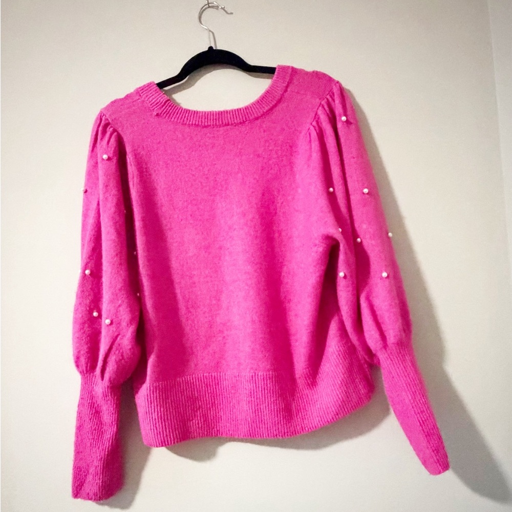 Women's Pink Pearl-Accent Puff Sleeve Sweater